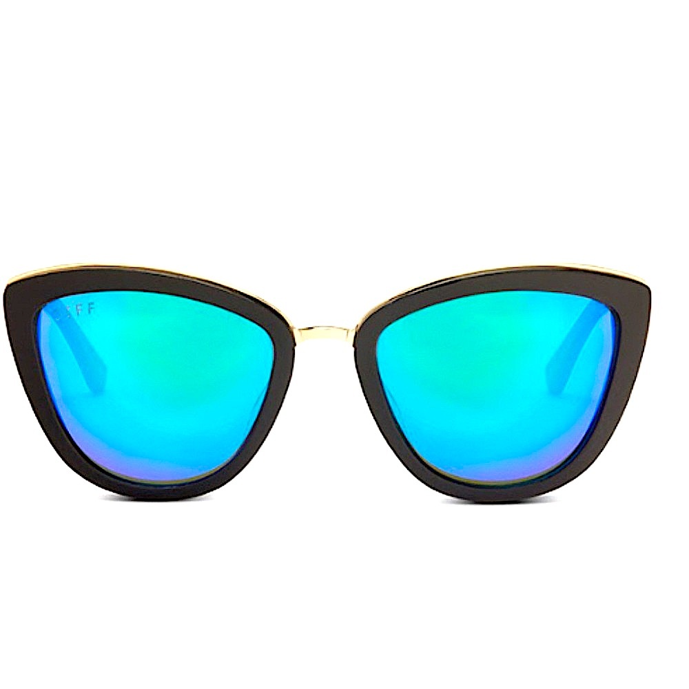 DIFF Eyewear Rose Cat Eye Sunglasses Matte Black Polarized Blue Mirror Lens